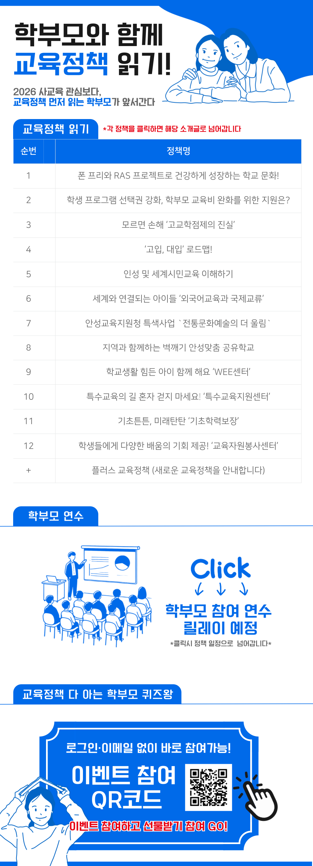 학부모와 함께 교육정책 읽기. 2026 새로운 관심보다 교육정책 먼저 읽는 학부모가 앞서간다., 교육정책 읽기: 각 정책을 클릭하면 해당 소개글로 이동합니다., 폰 프리와 RAS 프로젝트로 건강하게 성장하는 학교 문화!, 학생 프로그램 선택권 강화, 학부모 교육비 완화를 위한 지원은?, 모르면 손해 ‘고교학점제의 진실’, ‘고입, 대입’ 로드맵!, 인성 및 세계시민교육 이해하기, 세계와 연결되는 아이들 ‘외국어교육과 국제교류’, 안성교육지원청 특색사업 ‘전통문화예술의 더 울림’, 지역과 함께하는 벽깨기 안성맞춤 공유학교, 학교생활 힘든 아이 함께 해요 ‘WEE센터’, 특수교육의 길 혼자 걷지 마세요! ‘특수교육지원센터’, 기초튼튼, 미래탄탄 ‘기초학력보장’, 학생들에게 다양한 배움의 기회 제공! ‘교육자원봉사센터’, 플러스 교육정책: 새로운 교육정책을 안내합니다., 학부모 연수: 학부모 참여 연수 릴레이 예정. 클릭 시 정책 일정으로 이동합니다., 교육정책 다 아는 학부모 퀴즈왕: 로그인·이메일 없이 바로 참여 가능한 이벤트 참여 QR코드. 이벤트 참여하고 선물받기.
